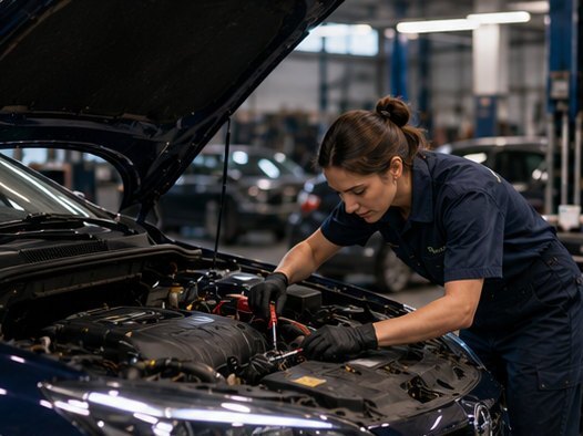 Atelier d'entretien automobile, intervention sous le capot d'un véhicule.