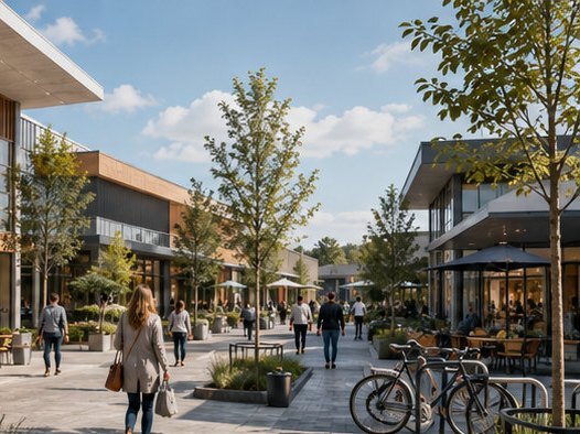 Allée extérieure d'un retail park, visiteurs devant les boutiques.