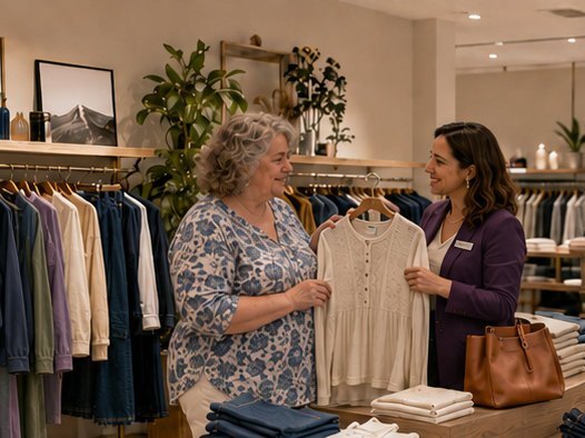Boutique de mode, conseil d'une vendeuse à une cliente devant un portant.