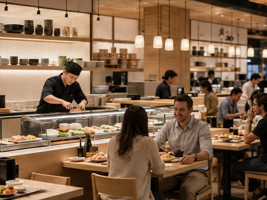 Salle de restaurant en service, clients attablés.