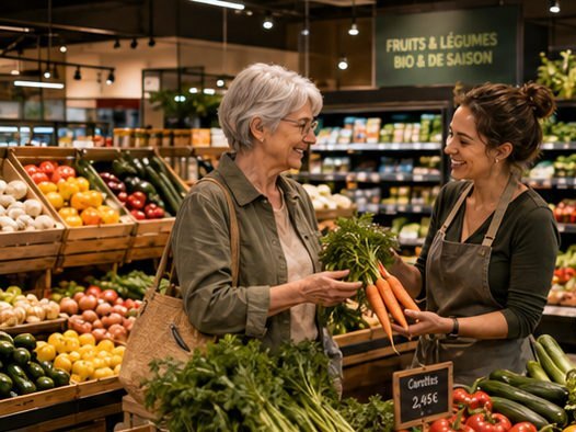 Rayon fruits et légumes, échange entre une cliente et une employée du magasin.