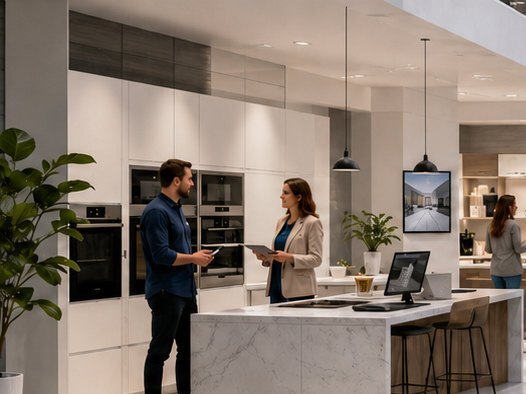 Showroom de cuisines et d'équipement de la maison, conseil client en magasin.