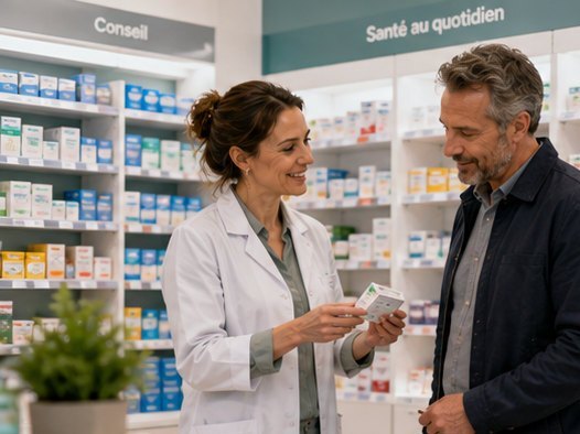 Comptoir de pharmacie, échange entre une pharmacienne et un client.