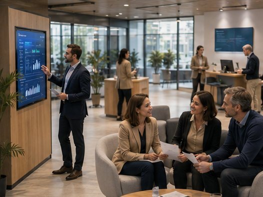 Réunion d'équipe dans un espace d'agence, présentation sur écran.