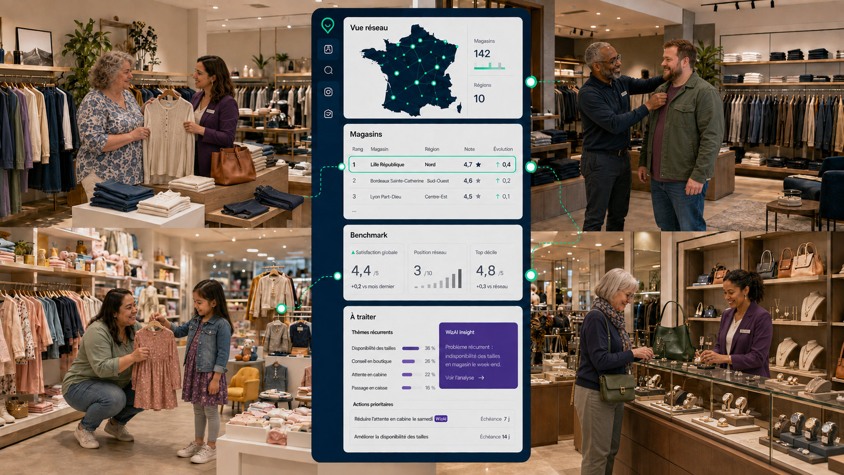Boutiques de mode femme, homme, enfant et accessoires reliées à l'interface Wizville de pilotage du réseau.