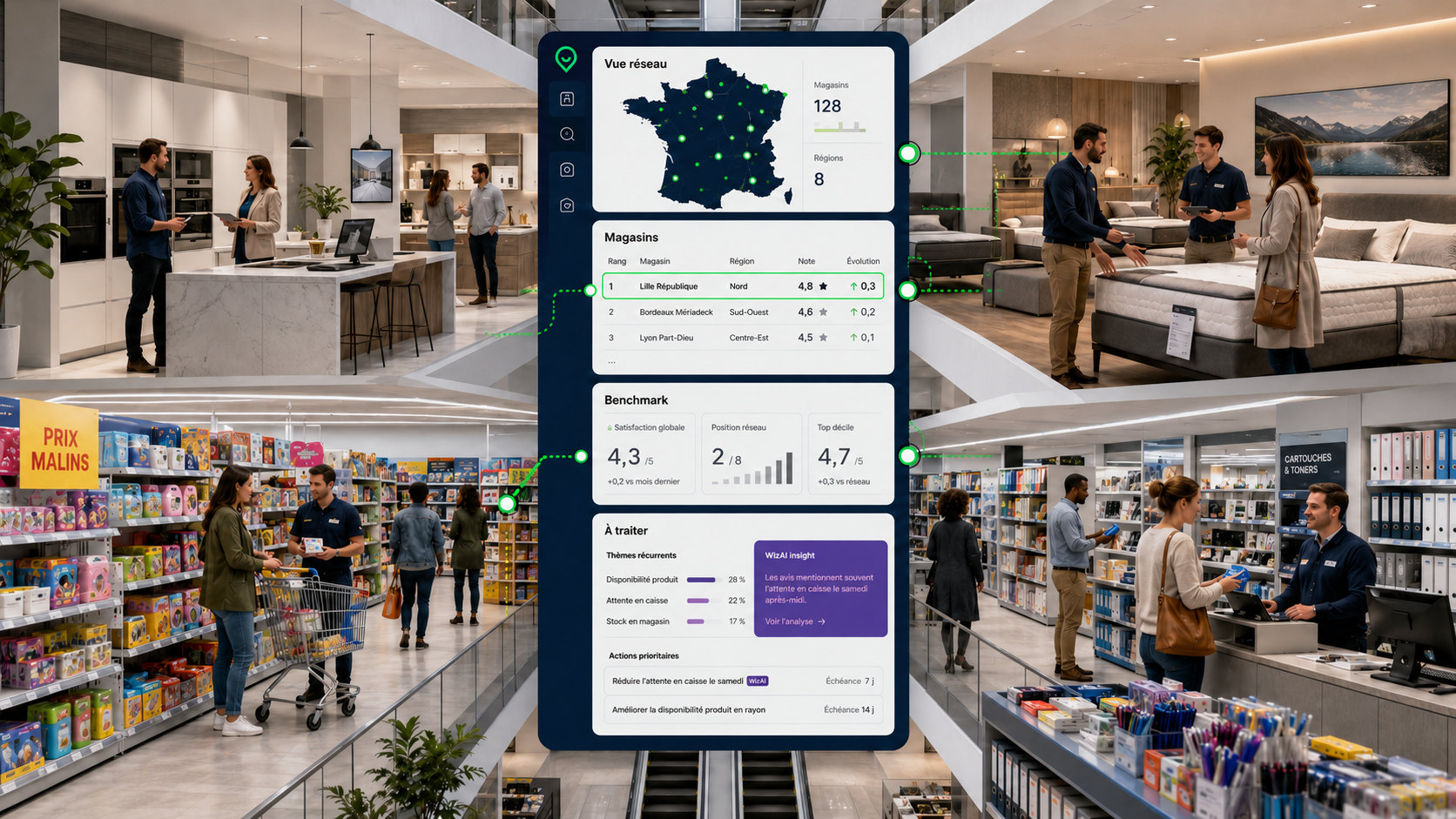 Showroom de cuisines, espace literie, rayon jouets et comptoir de fournitures de bureau reliés à l'interface Wizville de pilotage du réseau.