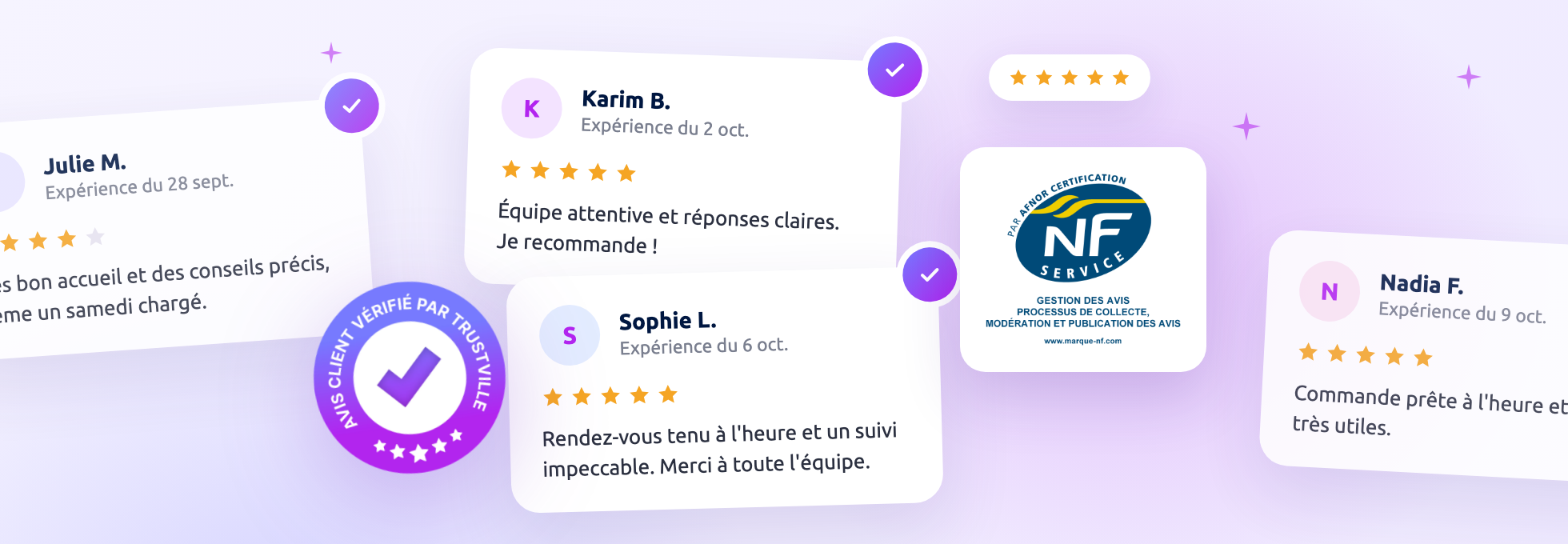 Des avis clients, le tampon Avis client vérifié par Trustville et le bloc marque NF Service Gestion des avis, par AFNOR Certification
