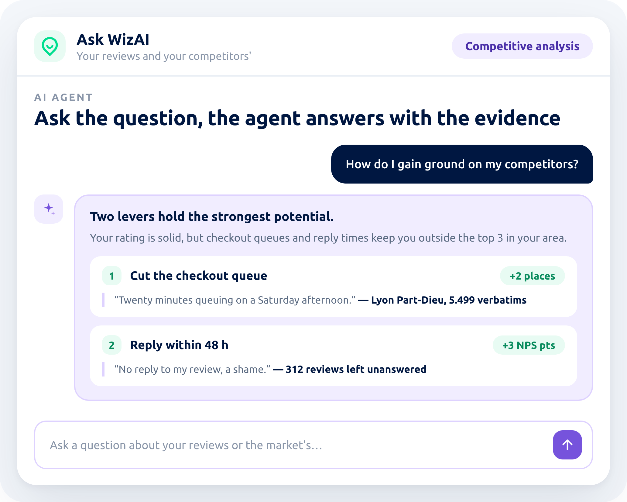 The WizAI agent answers a competitive question with evidence